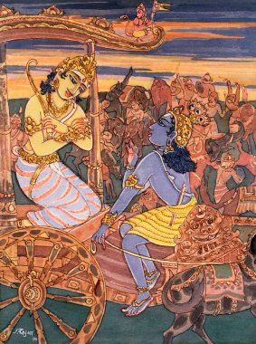 Hinduizm, hindu sanatı, himalaya akademi sanatı, din, maneviyat, sanatçı S. Rajam, krishna, arjuna, yay, ok, bhagavat gita, at arabası, savaş, savaş, savaş.