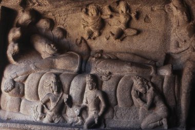 Oymanın kapanışı, Mahishasuramardini Mandapa, Mamallapuram, Tamil Nadu, Hindistan, Asya