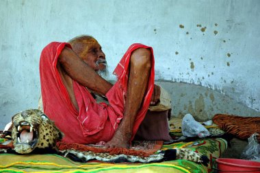 Hintli rahip sadhu ölü hayvan leopar derisi üzerinde uyuyor, Hindistan