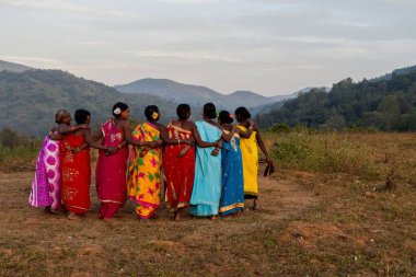 Dhimsa halk dansı yapan kadınlar, Andhra Pradesh, Hindistan, Asya 