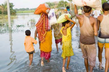 2008 yılında büyük oranda yoksulluk sınırının altında acı çeken Kosi nehri seli Purniya ilçesinde, Bihar 'da, Hindistan' da,