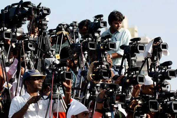 Stock image Cameramen representing different news channels electronic media during political rally, Bombay Mumbai, Maharashtra, India  