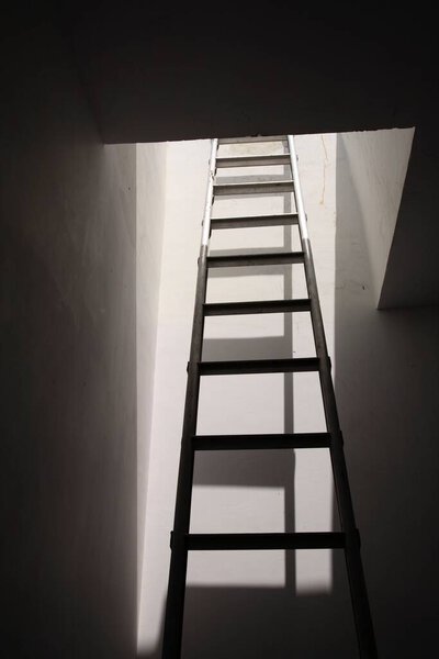 Ladder going up in dark room, black and white 