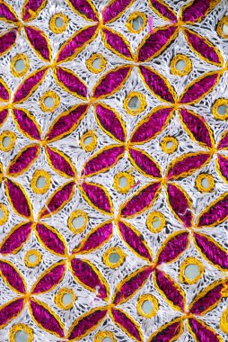 Hindistan, Rajasthan 'daki kumaşa el yapımı nakışla ilgili karmaşık detaylar.