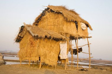 Tuz tarlasında otlak kulübeleri, Mira Yolu, Bombay şimdi Mumbai, Maharashtra, Hindistan 