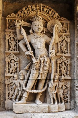 Ram-Dashavtar; Rani ki vav; adım iyi; taş oyma; Patan; Gujarat; Hindistan