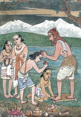 Swami, sannyasa, sanatçı S. Rajam, aziz, sadhu, sannyasin, keşiş, adanmışlık, meditasyon, hindu inancı, hinduizm, hinduizm, sanat, himalaya akademi sanatı, nehir, kutsama, ayak dokunma, kabul töreni, usta, öğrenciler.