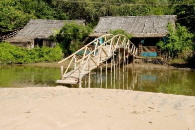 Huts with thatched roof connected by bamboo bridge at Om beach ; Kumta ; Karnataka ; India clipart