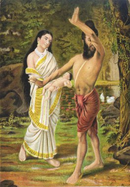 Menaka sent by Indra to disturb sage Vishvamitra in his penances, succeeds in her mission and gets a child by him.  clipart