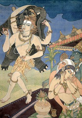 Hinduizm, hindu sanatı, himalaya akademi sanatı, din, maneviyat, sanatçı S. Rajam, shiva, fil, krishna, discus, vishnu, iblis, asura, kumbha