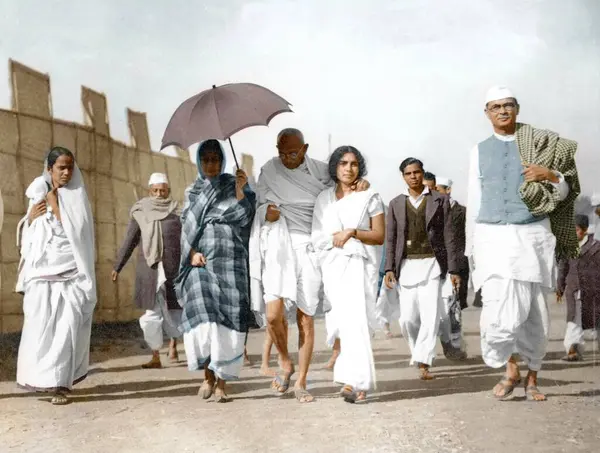 stock image Mahatma Gandhi and others walking on Haripura Congress campus, Gujarat, India, Asia, February 1938