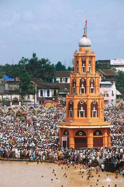 huge crowd for holy bath, kumbh mela, nasik, maharashtra, india 