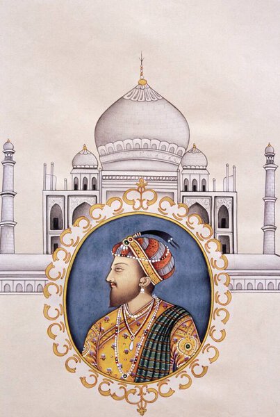 Миниатюрные картины императора Моголов Шах-Джахана и Тадж-Махала на заднем плане