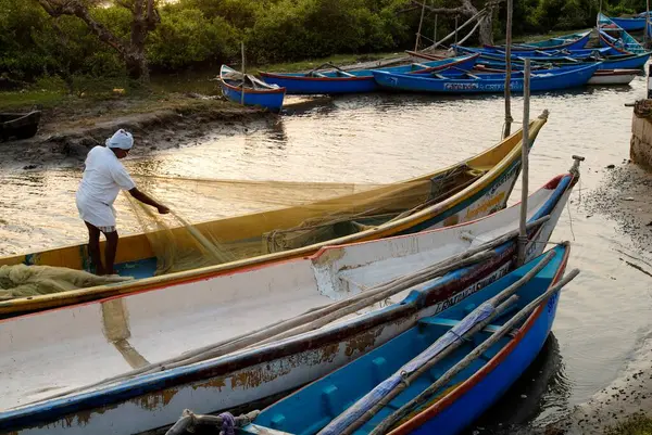 Pichavaram mangrov ormanı yakınlarındaki denizde balıkçı tekneleri, Chidambaram, Tamil Nadu, Hindistan 