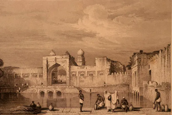 Lithograph, Taj Bowlee 'nin resmi, Bijapur, Karnataka, Hindistan 