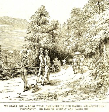 Start for a long walk, and meeting our masher we accost pleasantly he eyes us sternly and passes on, the graphic 27th March 1886, India  clipart
