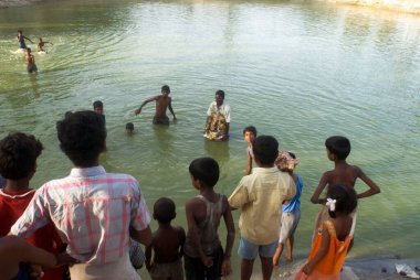 Fil heykelini daldıran adam Ganesh Ganesh Ganpati Festivali 'nde suda, Tamil Nadu, Hindistan 