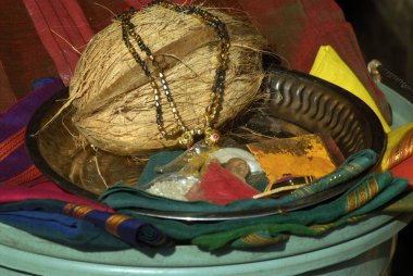 Sari Mangalsutra hindistan cevizi bezi ve diğer tapınma eşyalarıyla Puja Thali; Tanrıça Durga 'ya sunulan; Saras Baug' daki Mahalaxmi tapınağı; Pune; Maharashtra; Hindistan