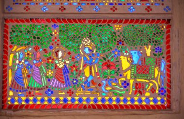 Krishna sütçü kızları ve inekler Sheesh Mahal, Amer kalesi, Jaipur, Rajasthan, Hindistan 'da renkli sanat eserleri.