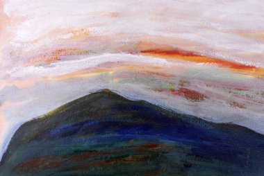 Dağlarda gün doğumunun etkisi. El yapımı kağıt üzerinde akrilik renkler.