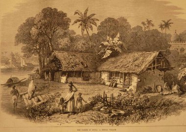 Litograflar Hindistan 'daki Kıtlık Bengal Köyü, Batı Bengal, Hindistan 