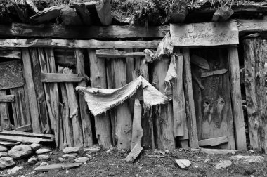 Wood logs damaged hut, Pahalgam, Kashmir, Jammu and Kashmir, India, Asia clipart
