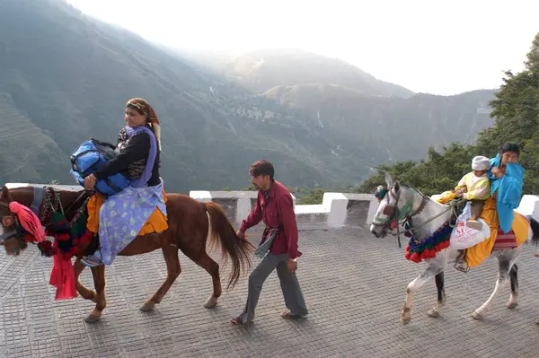 Uzun pist üzerinde yürümekten bıkmış hacılar Mata 's Bhawan' a tırmanmak için at kiralarlar, Mata Vaishnodevi Mağarası, Katra, Jammu, Hindistan 'da 5200 feet yüksekliktedir. 