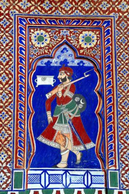 Paintings of royal person on wall of haveli , Fatehpur Shekhavati , Rajasthan , India clipart