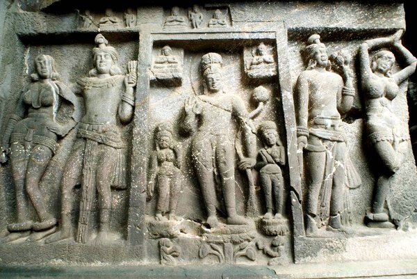 Statue carved on wall of Buddhist Karla caves finest examples of ancient rock cut caves built in 3rd 2nd century BC by Buddhist monk ; Karla ; Maharashtra ; India