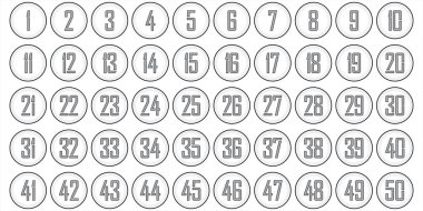 Tasarım numarası 1 'den 50' ye kadar olan dijital siyah beyaz daire simgesi. 1