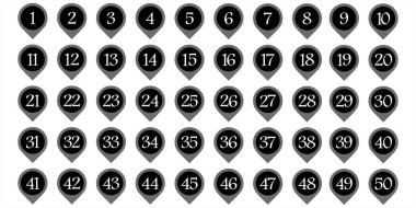 Tasarım numarası 1 'den 50' ye kadar olan dijital siyah beyaz daire simgesi. 2