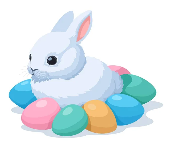Lindo Conejito Pascua Sienta Una Pila Huevos Pascua Decorativos Multicolores — Vector de stock