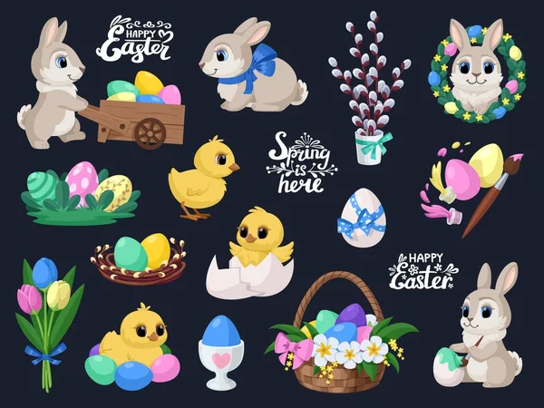 Colección Pascua Vector Dibujos Animados Huevos Pintados Pascua Conejitos Pascua — Vector de stock