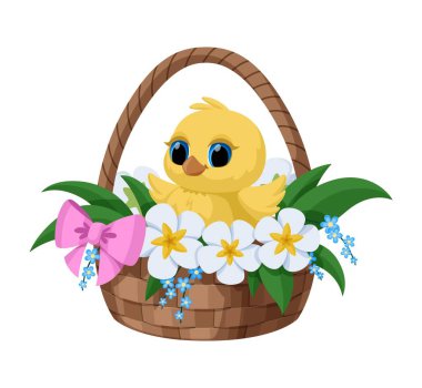 Tatlı Paskalya pilici bir sepet çiçeğin içinde oturuyor. Kartlar, afişler, posterler ve diğer tasarımlar için vektör karikatür paskalya çizimi. Beyaz arka planda izole edilmiş. Stok vektörü