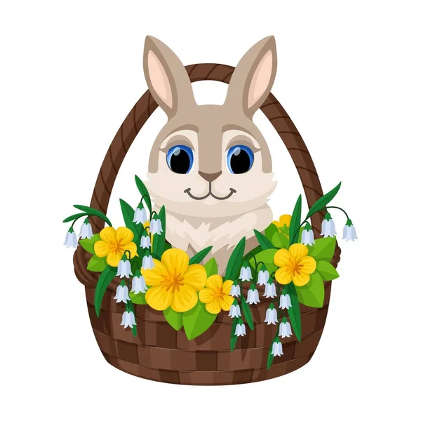 Lindo Conejo Pascua Sentado Cesta Con Flores Amarillas Lirios Del — Vector de stock
