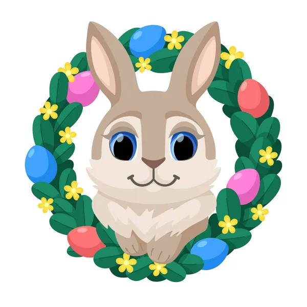 Conejo Pascua Corona Con Flores Huevos Pascua Decoración Dibujos Animados — Vector de stock