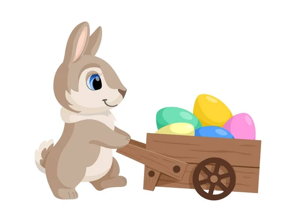 Lindo Conejito Pascua Está Llevando Carro Lleno Huevos Pascua Ilustración — Vector de stock