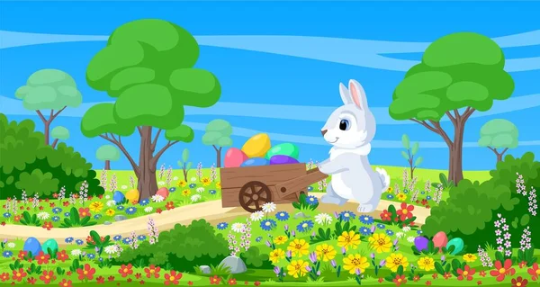 Zajączek Wielkanocny Prowadzi Wózek Jajkami Wielkanocnymi Przez Pole Wiosenne Kwiatami — Wektor stockowy