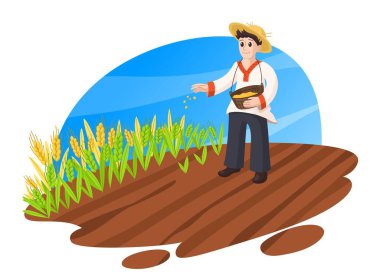 Çiftçi buğday tarlasına buğday tohumu ekiyor. Çiftçilik ve tarım çizgi film düz konsept illüstrasyon. Beyaz arka planda izole edilmiş. Stok vektörü.