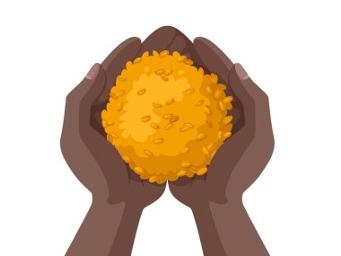 Bir yığın buğday insan elinde. Buğday ve tarım konsepti çizimi. Beyaz arka planda izole edilmiş. Stok vektörü.