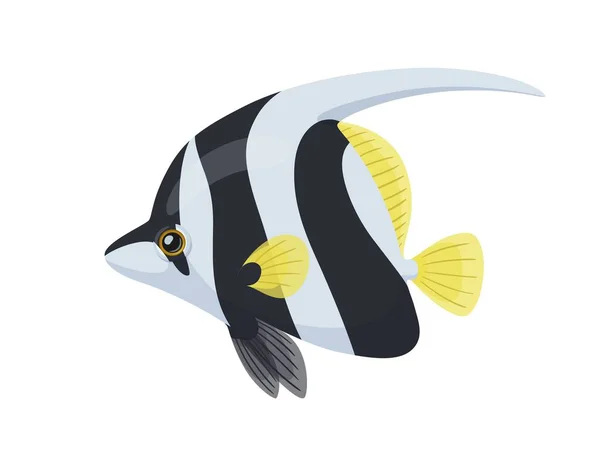 Карикатурная Бабочка Heniochus Acuminatus Белая Черная Экзотическая Рыба Желтыми Плавниками — стоковый вектор