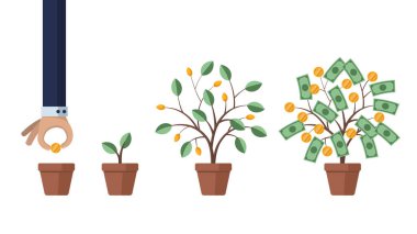 İş ve gelir artışına yatırım yapmak. Para biriktirmek ve artırmak. İllüstrasyon kavramı. Adam para ağacı yetiştiriyor. Beyaz arka planda izole edilmiş. Stok vektör illüstrasyonu