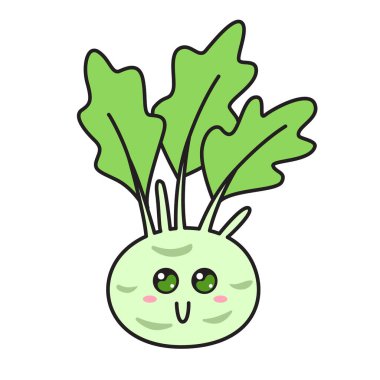 Yüzü olan sevimli kohlrabi tipi. Kawaii doodle kohlrabi beyaz arka planda izole edildi. Stok vektör illüstrasyonu.