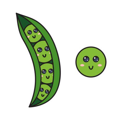 Yüzü olan tatlı bezelye karakteri. Kawaii bezelyeleri beyaz arka planda izole edilmiş. Stok vektör illüstrasyonu.