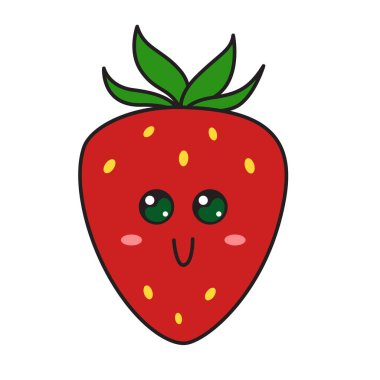 Yüzü olan sevimli çilek karakteri. Kawaii karalama çileği beyaz arka planda izole edilmiş. Stok vektör illüstrasyonu.