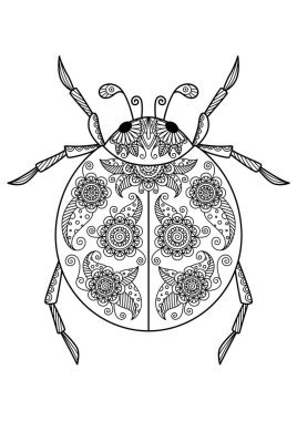 Uğur böceği kadın karşıtı karalama kitabı sayfası. Yetişkinler için. Zentangle böceği siyah-beyaz çizimi. Stok vektör illüstrasyonu