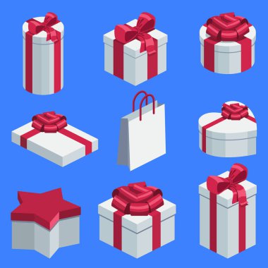 Eşölçülü hediye kutuları. Farklı şekillerde hediye kutuları. Zıt bir arkaplanda izole edilmiş. Stok vektör illüstrasyonu