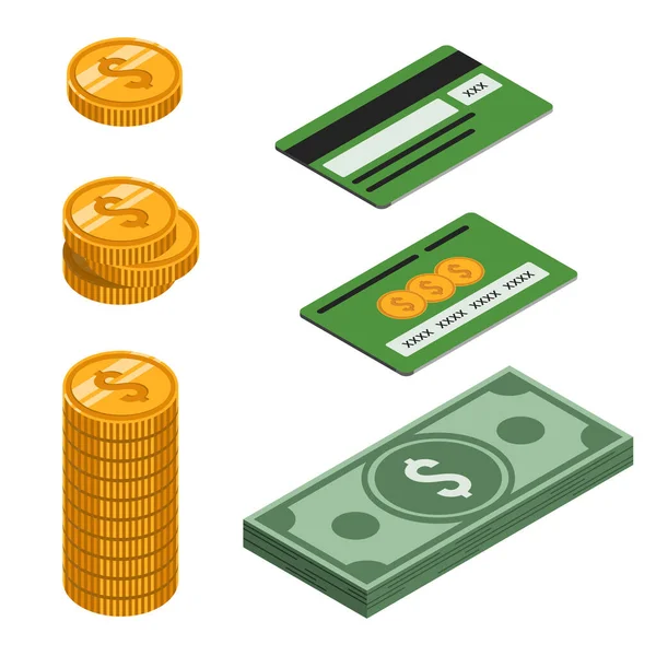Geld Das Isometrisch Eingestellt Ist Isometrisches Geldbündel Münze Münzsäule Und — Stockvektor