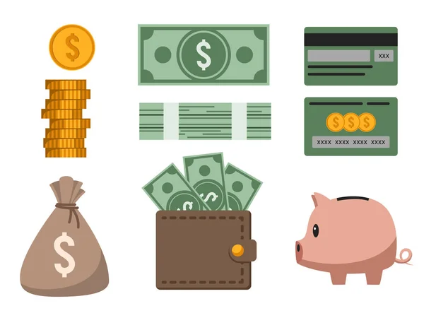 Finanzen Und Geldsammlung Von Gegenständen Dollarmünze Dollarschein Banknotenbündel Geldbörse Mit — Stockvektor