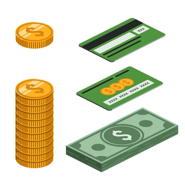 Geld Isometrische Vorm Isometrische Bundel Geld Munt Muntenkolom Een Bankkaart — Stockvector